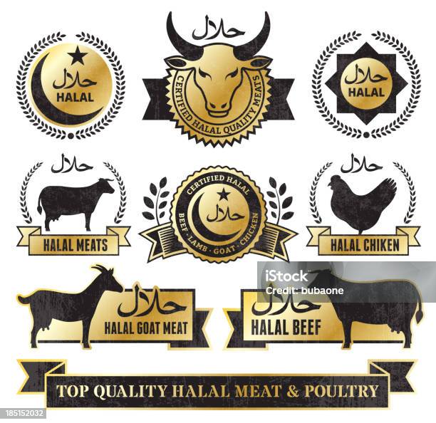 Ilustración de Halal De Carne De Res Y Aves Golden Grunge Vector Conjunto De Iconos y más Vectores Libres de Derechos de Carne de vaca