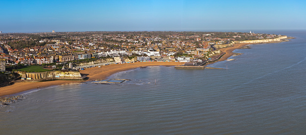 An aerial view of Viking Bay in Kent on a sunny autumn day