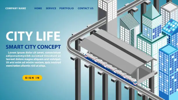 Vector illustration of Business smart city concept and BTS Sky Train Transportation in Bangkok Cityscape Buildings Thailand, Business communication, City life, Capital, Vector illustrations.