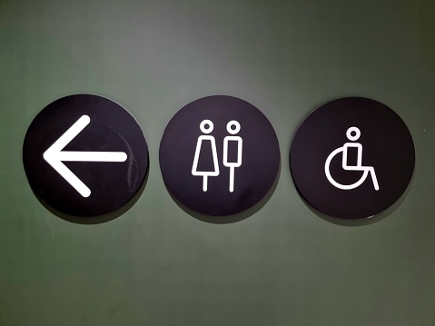 Women's restroom or men's restroom and arrow sign on background / texture image\nâ