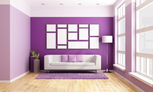 Bright living room with modern couch, purple wall and big wooden windows - rendering