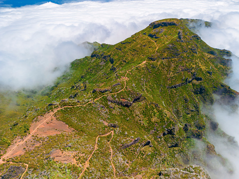 Aerial of Pico Ruivo mountain peak Madeira Portugal