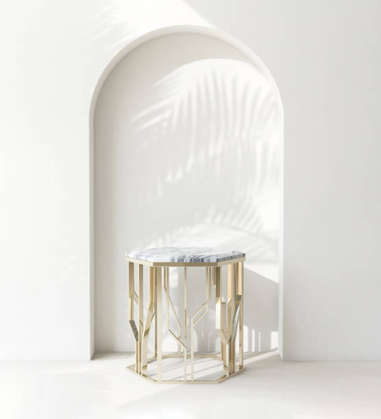 istock Marble, gold podium table in sunlight, palm tree leaf shadow on wall arch 1851568972