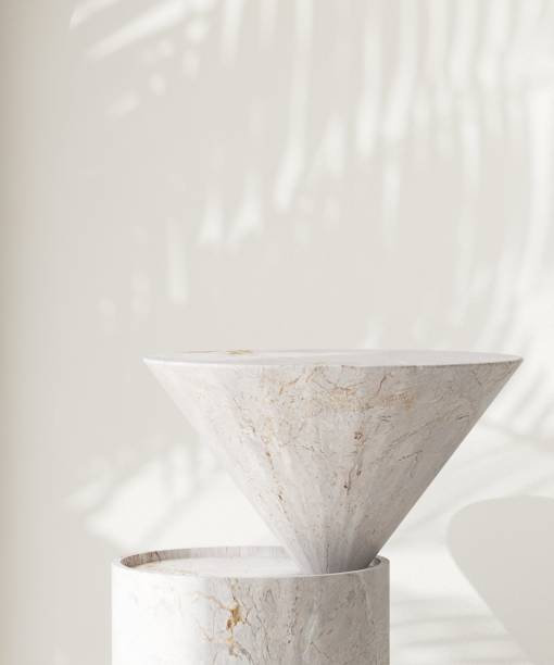 istock Geometric shape marble podium table in sunlight, palm tree leaf shadow on wall arch 1851568984