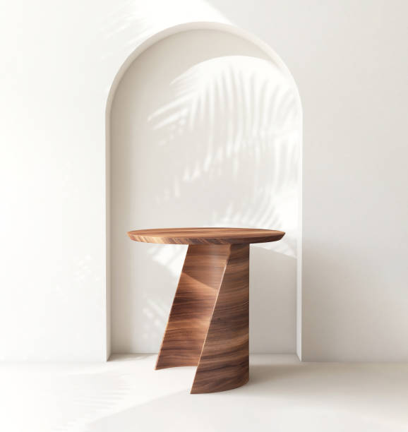 istock Modern wooden podium table in sunlight, palm tree leaf shadow on wall arch f 1851568985