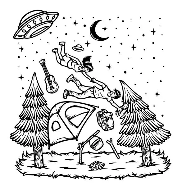 Vector illustration of alien invasion of humans while camping