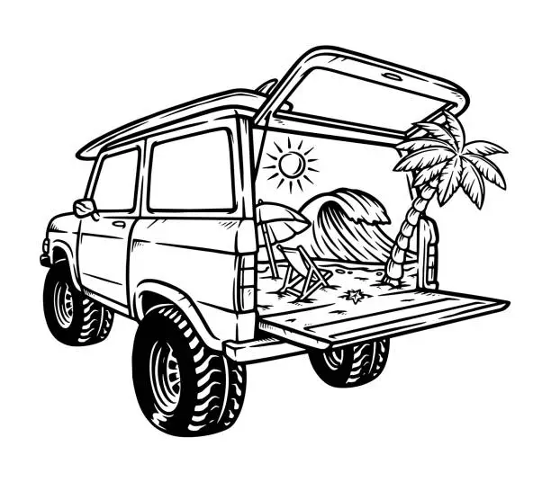 Vector illustration of beach view in the car line illustration