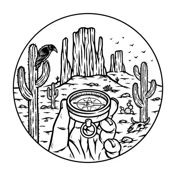 Vector illustration of hand holding compass in desert