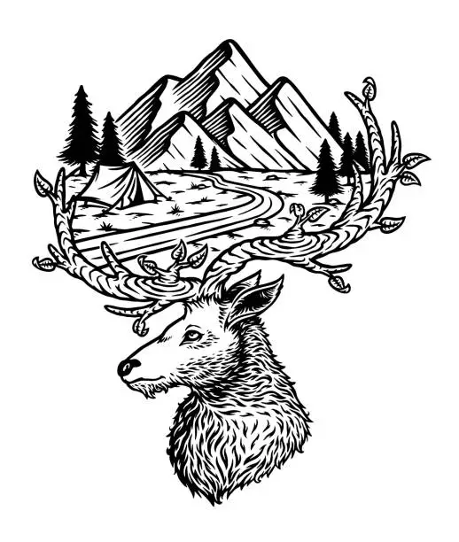 Vector illustration of mountain view and deer in nature