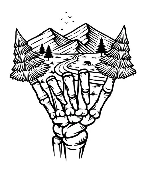 Vector illustration of shaka skull hand and mountain view
