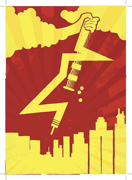 Lightning Guitar Rocking on City Concept Lightning guitar striking on a city for rock poster concept electric plug dark stock illustrations