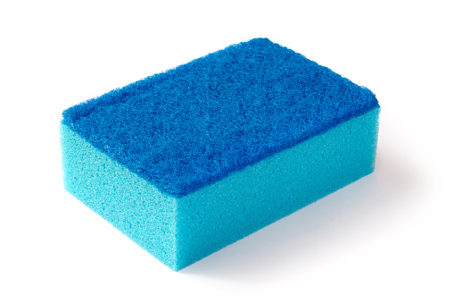 Blue foam sponge on white background. Foam sponge for washing dishes.