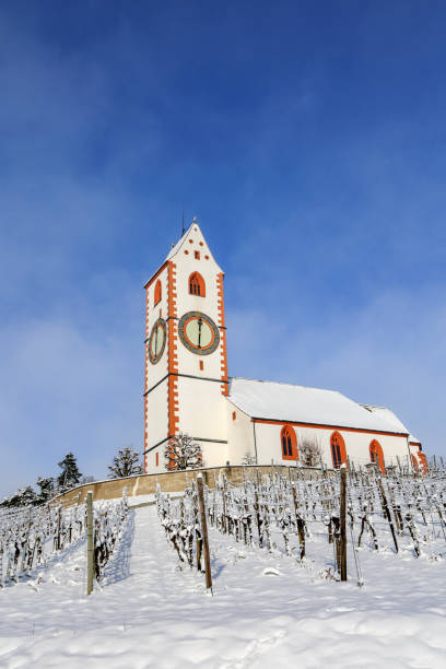 igreja st. moritz sobre o pátio de videira coberto de neve no inverno, hallau, - st moritz engadine graubunden canton switzerland - fotografias e filmes do acervo