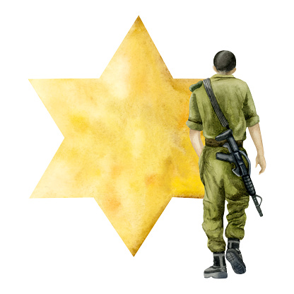 Jewish Israel army soldier with riffle and gold yellow star of David watercolor illustration isolated on white background. Memorial day of fallen soldiers, Yom HaZikaron and Remembrance.
