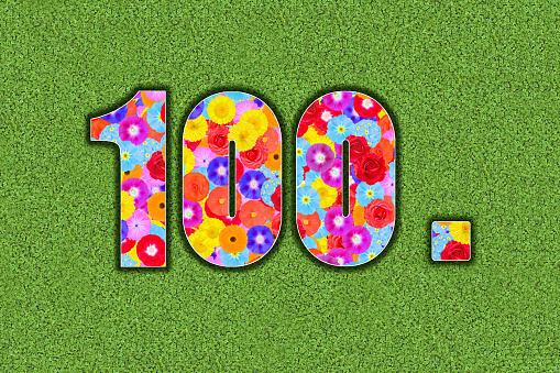 Ordinal number, 100th, hundredth, one hundredth, one hundred, hundred , as graphic, illustration, number, with colorful flowers on green background, anniversary