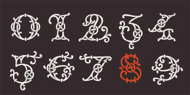 0 to 9 logos. Celtic numbers monograms set. Insular style initial with knots and interwoven cords. British, or Irish overlapping monogram. Medieval font for tattoo, St. Patrick day logo, and sportswear. 4 letter monogram stock illustrations