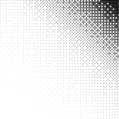 Monochrome vignette corner with a halftone raster gradient pattern of small black dots on a white background. Vector screentone retro illustration for comic and manga books