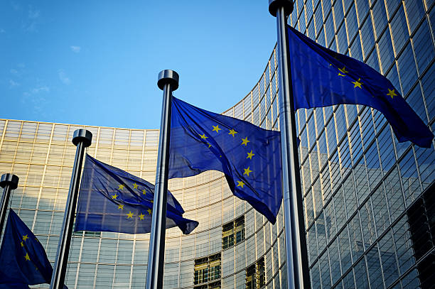 flagi ue w przód komisji europejskiej - government district zdjęcia i obrazy z banku zdjęć