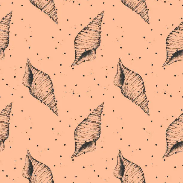 Vector illustration of Marine oceanic pattern with contour Seashell hand drawn on Peach fuzz color trend year 2024 background.