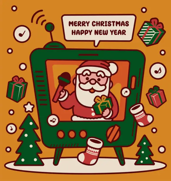 Vector illustration of Adorable Santa Claus carrying a Christmas present blesses everyone announces good news with a microphone on a TV show and wishes you a Merry Christmas and a Happy New Year