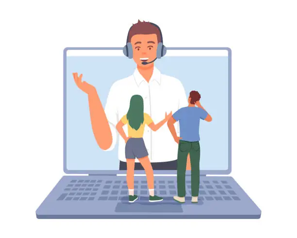 Vector illustration of Lady and male standing on laptop and talking with virtual consultant