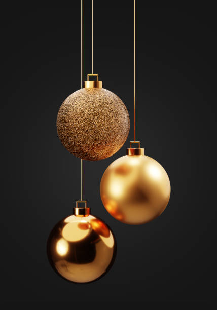Three gold Christmas balls hanging on gold strings 3d render illustration. Christmas decorations.