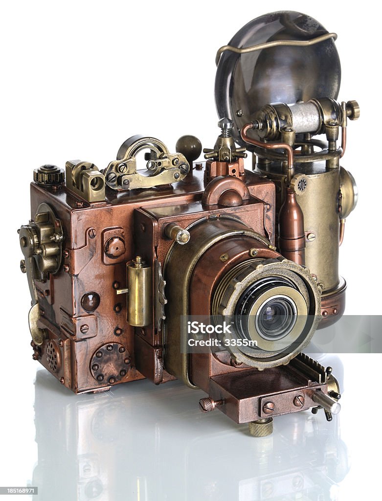 Copper Photo camera. Photo camera on a white background. Style Steampunk. Home Video Camera Stock Photo