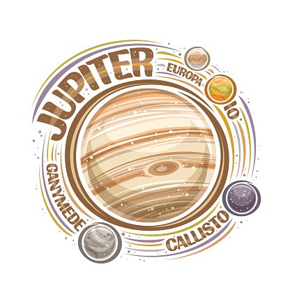 Vector logo for Jupiter, decorative cosmic print with rotating planet jupiter and moons, gas surface with great red spot, cosmo badge with unique brush lettering for text jupiter on white background