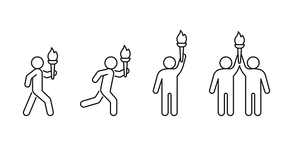 Ttorch with fire in hands of people, line icon. Burning torch symbol of sport games. Competition of athletes in sport for winning champion. Flame of victory. Vector outline illustration