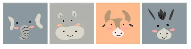 Vector illustration of cute simple portraits of wild and domestic animals of scandinavian style