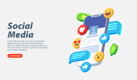 Social media user profile interface 3d isometric with 3d emojis vector illustration, Social media marketing