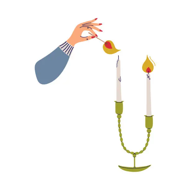 Vector illustration of Person going to light candle with match. Human hand holding matchstick. Candles in modern candlestick. Hygge, concept of Scandinavian lifestyle.