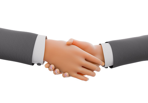3D rendering of a close-up handshake between two stylized hands, in a gray dark sleeve, representing a business agreement, partnership, or greeting, isolated on a white background.