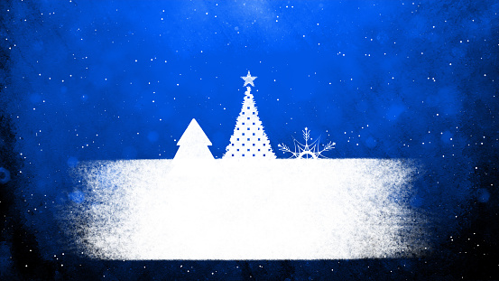 Horizontal illustration of a creative sparkling dark blue backgrounds with one glowing white decorated Xmas tree with spots and a star. Soft and sparkling romantic backdrop suitable to use celebratory wallpaper, gift wrapping paper sheets, posters, banners and greeting cards related Christmas, New Year Day, festive season.