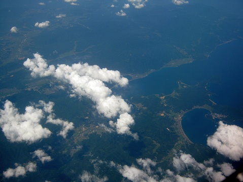 Scenery of the Japanese sea and coastline seen from an airplane