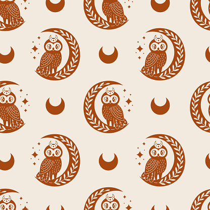 Boho repeat background with brown celestial bird and stars. Mystery, mystical, esoteric, magic theme. Vector illustration.