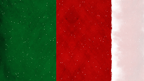 Bright red, pastel pink and green colored horizontal background. Can be used as Xmas , New Year celebrations background, wallpaper, gift wrapping sheet. Small glitter like or glittery dots shining here and there. There are three vertical stripes or bands dividing the illustration into three partitions or divisions.