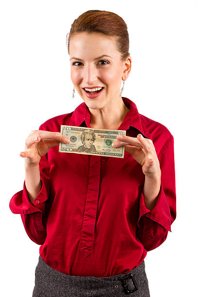 白人女性 20 米ドルの現金 - twenty dollar bill ストックフォトと画像