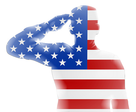 A soldier saluting silhouette with American flag design.
