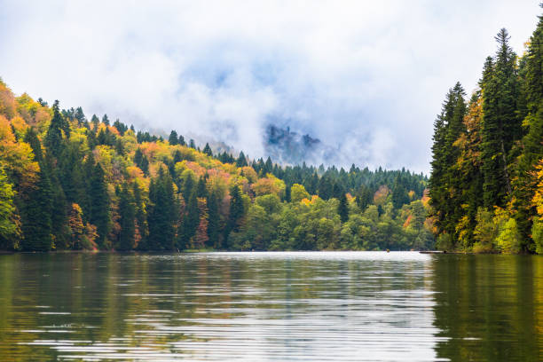 istock Mountain lake surrounded by colorful autumn trees 1851769292