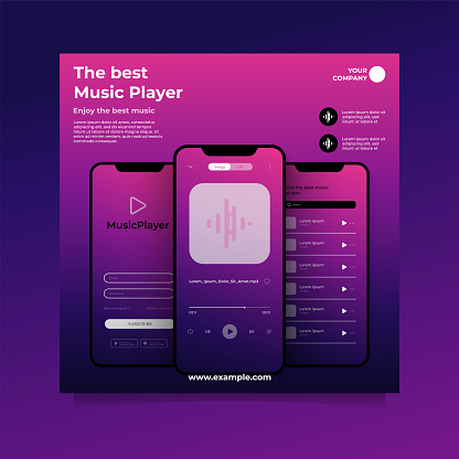 Smartphone music player app interface ui design template for social media banner