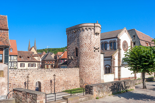 Historic old town with city wall, Neher city gate and synagogue in Obernai. Bas-Rhin department in Alsace region of France