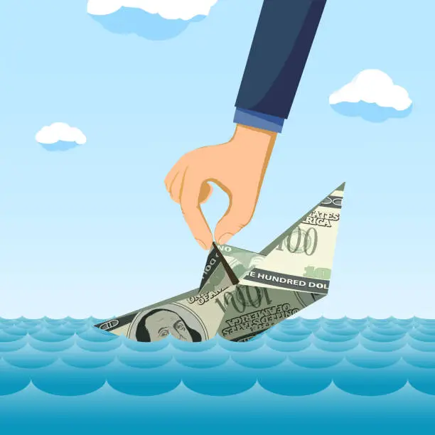 Vector illustration of Hand holds a sinking paper boat made of paper dollars