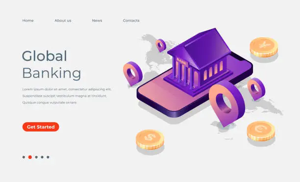 Vector illustration of Transfer money by online internet banking around the world isometric illustration with perspective world map, Landing page concept