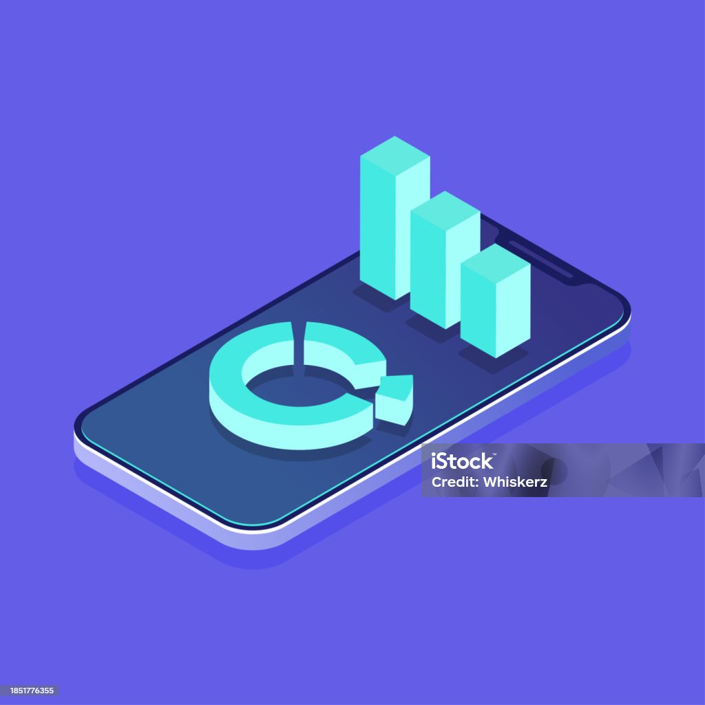 Bar Chart And Pie Chart On Mobile Phone Screen 3d Isometric Analytics ...