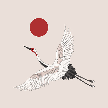 White crane, stork on a background with the moon. Retro style poster, postcard, vector