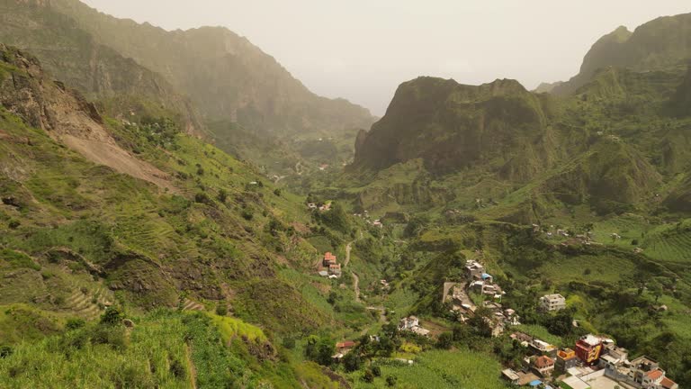 Fly Over The Green Rock Mountains Of Paul In Cape Verde, Island of Santo Antao, West Africa. Aerial Drone Shot