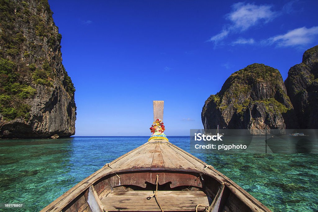 Ship Nose Front View Long tail boat at sea Thailand Ship Nose Front View on Long tail boat at Andaman Sea Phi Phi Island Krabi Province  Asia Thailand Adventure Stock Photo