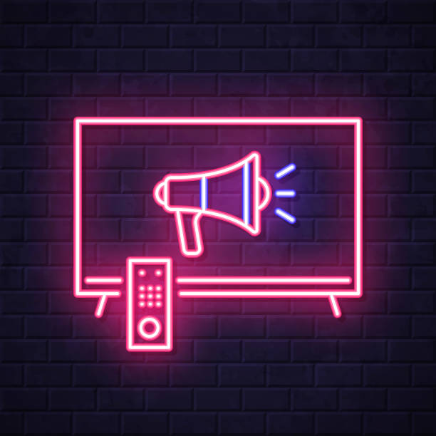 TV with megaphone. Glowing neon icon on brick wall background Icon of "TV with megaphone" in a realistic neon sign style. The icon is created with pink and purple/blue glowing neon lights on a dark brick wall. Modern and trendy illustration with beautiful bright colors. Vector Illustration (EPS file, well layered and grouped). Easy to edit, manipulate, resize or colorize. Vector and Jpeg file of different sizes. smart tv on wall stock illustrations