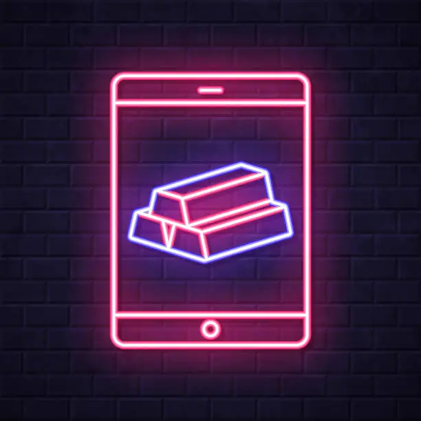 Vector illustration of Tablet PC with gold bars. Glowing neon icon on brick wall background